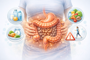 estreñimiento y tránsito intestinal lento ilustración del sistema digestivo con heces duras en el colon