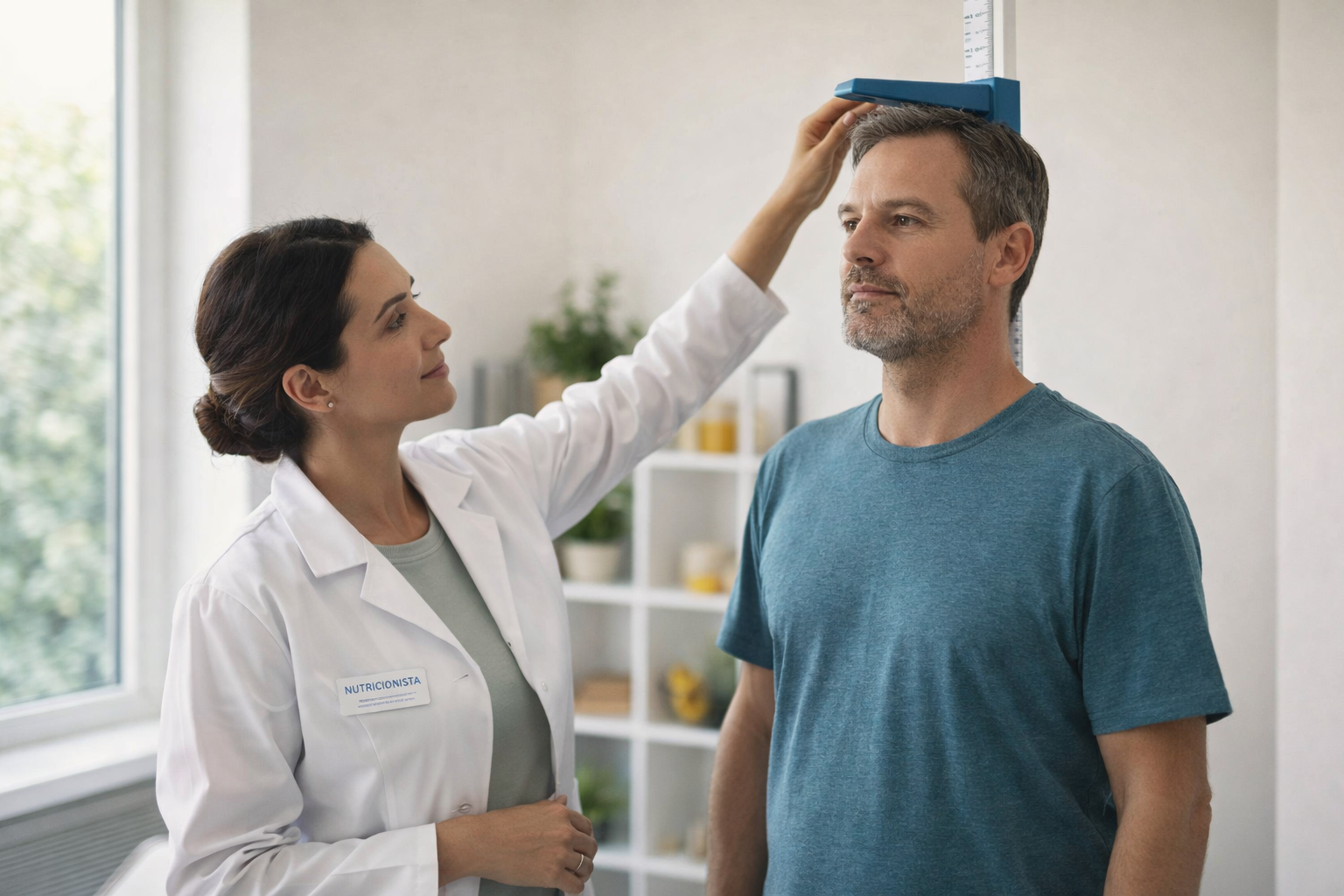 nutricionista midiendo la altura de un paciente para calcular el índice de masa corporal imc